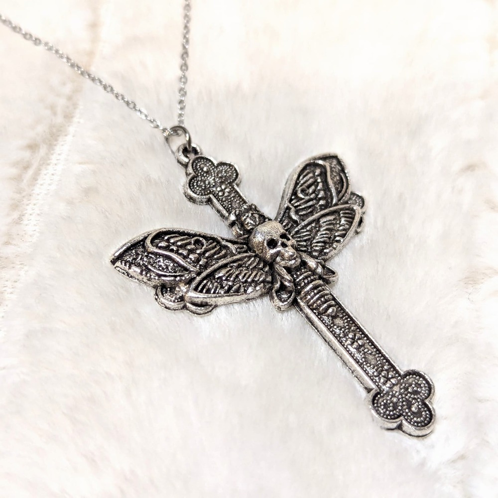 Gothic Death Moth With Cross Charm on a Silver Necklace